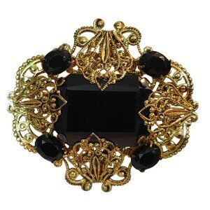 Brooch Black Edwardian Revival Mourning Czech Gilded Metalwork Gold Filigree